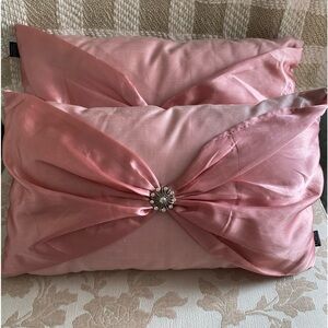 PAIR OF 20”x12” DECORATIVE PILLOWS PINK SILKY AND SATIN MATERIAL AND RHINESTONE